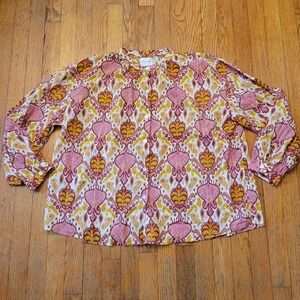 Zen Ethic L XL Button Down Shirt Pink Yellow Ikat Damask Boho Lagenlook Mod